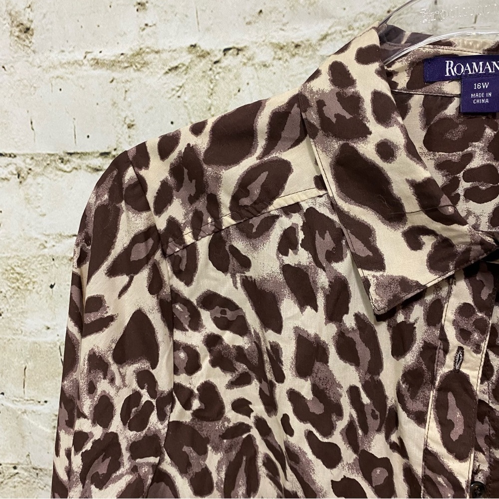 Roamans Beige Brown Cheetah Print Button Up Shirt - Picture 2 of 5